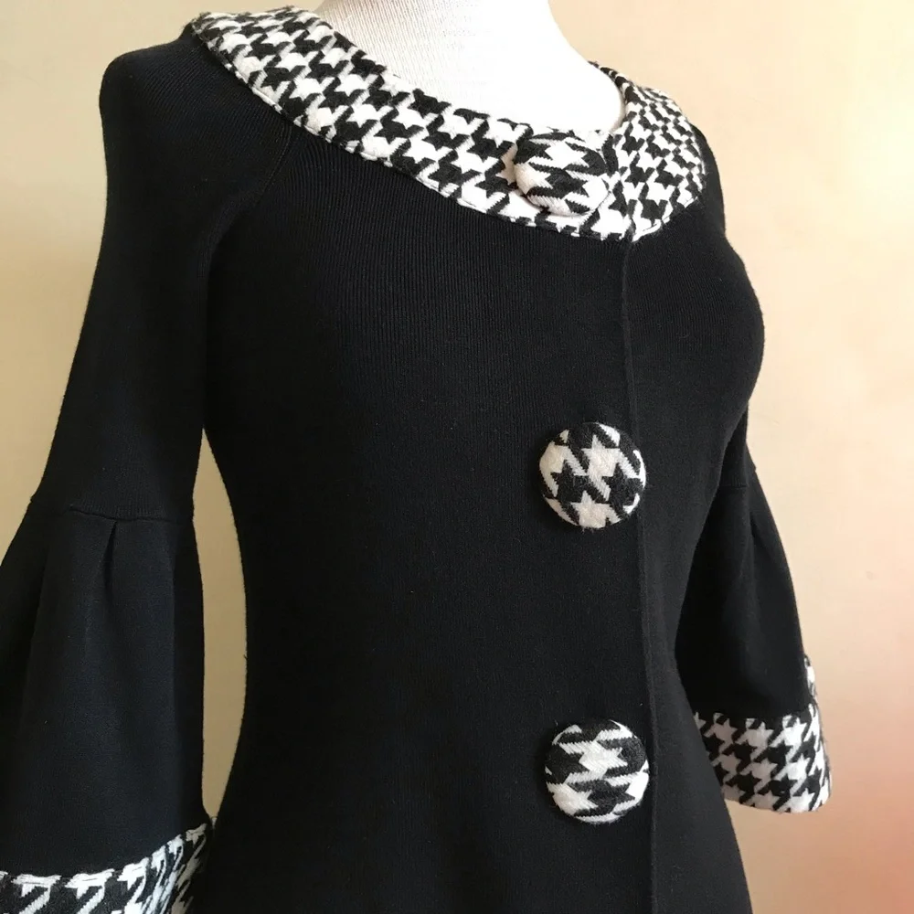 Vintage Black Dress with Houndstooth Trim - Picture 2 of 5